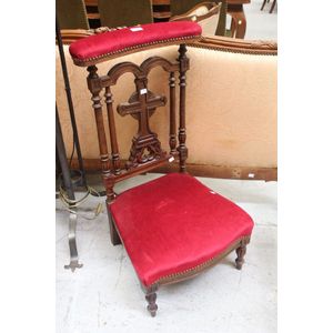 Antique French prayer chair with red upholstery and carved…