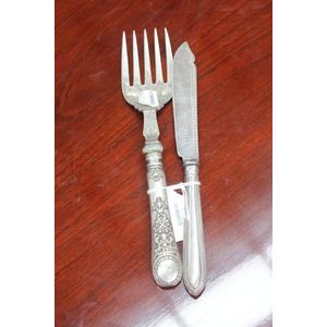 Antique silver plate fish servers, one with a silver handle,…