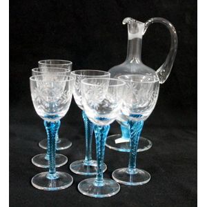 A Murano Limoncello set for six, with etched vine detail & blue…
