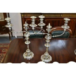 English victorian silver plate candlesticks with hurricane shades 1