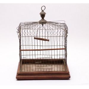 Antique HENDRYX Brass Bird Cage & Stand Glass Feeder Dishes Orig Perches  Vintage