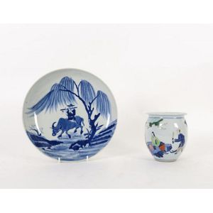 A Chinese Wucai pot with chess scene and a blue and white…