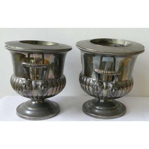 Pair of antique Sheffield plate wine coolers with double mask…