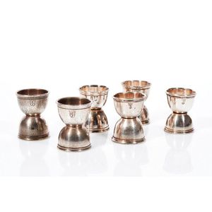 Set of six silver plated egg cups, c. 1950, engraved 'L T' for…