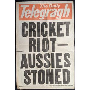 Newspaper stand poster. Saturday October 23 1982. Cricket Riot…