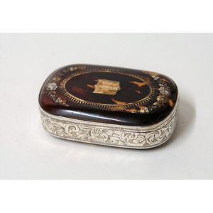 A 19th century tortoiseshell silver and inlaid snuff box,…