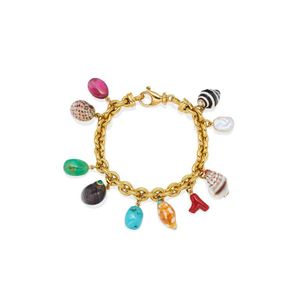 A gold charm bracelet by Trianon, of belcher link design and…