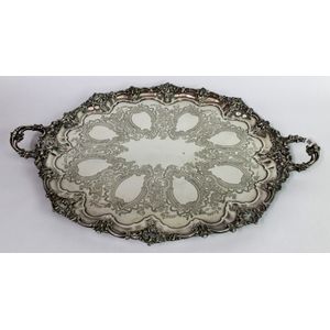 A silver plated tray, Walker & Hall, Sheffield, double handles…