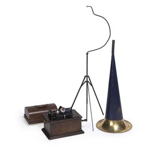 Edison Standard phonograph in oak case with blue horn and stand.…