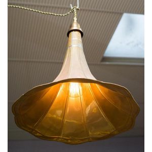 A 1930s gramaphone horn converted to ceiling light, brass,…