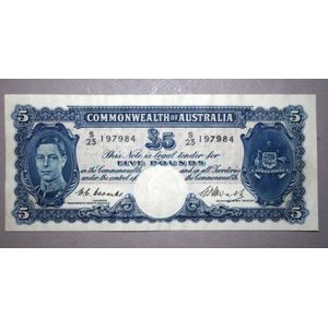 Commonwealth of Australia Five Pound note, circa 1940s, Coombs…