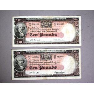 Two Commonwealth of Australia Ten Pound notes, Coombs & Wilson