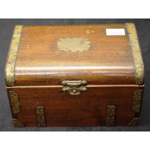 Vintage wood trinket box brass binding to exterior, remnants of…