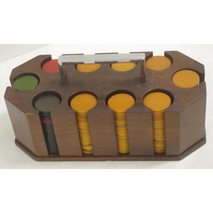 Art deco bakelite gaming chips, in fitted timber stand with…