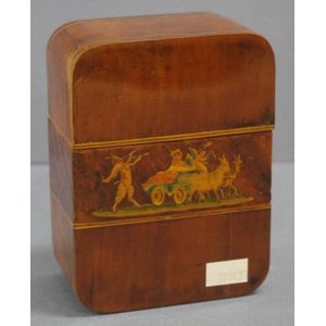 Antique inlaid timber card case, with figural decoration to…