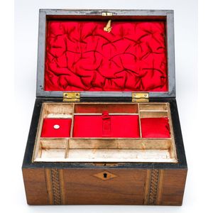 An antique inlaid fitted jewellery box, height 12 cm, width 26…