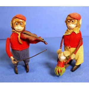 Tinplate Monkey Musician Figures With Felt Clothing - Clockwork - Toys 