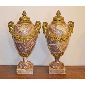 Pair French, Louis XVI style rouge marble & bronze urns c1890