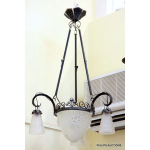 A wrought iron and frosted glass chandelier by Schneider, early&hellip;