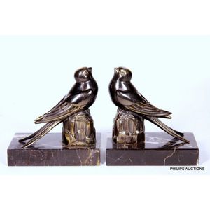 Patinated Bronze Fish Bookends, Art Deco Onyx