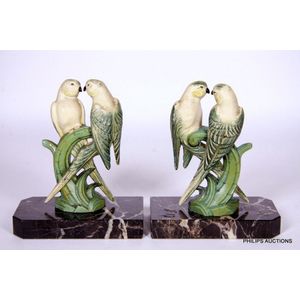 A pair of Art Deco cold painted spelter and marble Budgerigar…