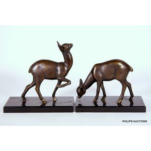A pair of Art Deco spelter and marble deer bookends, circa…