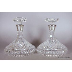 A pair of Royal Brierley crystal ships decanters with sterling…