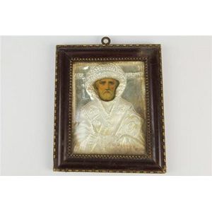 Egyptian silver Saint Nicholas icon set in a beaded timber…