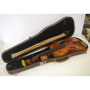 Vintage full size violin with bow and case, and accessories