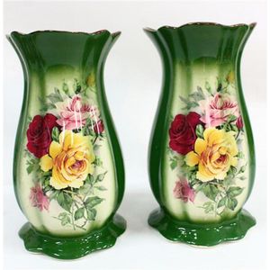 Green Ironstone Vases with Magenta Floral Design - Staffordshire - Ceramics