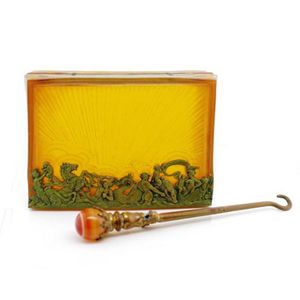 Antique horn box and banded agate set button hook, the box has…