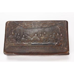 A 19th century French pressed horn snuff box, depicting the…
