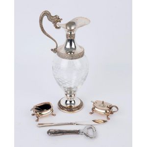 An Italian silver plate mounted etched glass wine jug with…