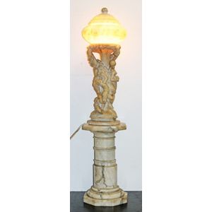 A late Victorian alabaster lamp, on pedestal, with shade,…