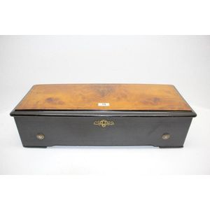 A Victorian walnut and ebonised cased rectangular music box.…
