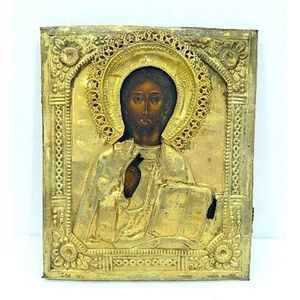 A late 19th century icon of Jesus in copper Riza, 32 x 26 cm