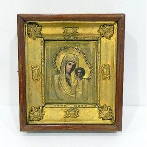 A 19th century Kazan mother of God icon in gilt & wooden frame,…