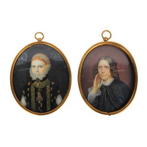 Portrait miniatures, two, young Queen Elizabeth and other, in…