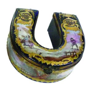 A 19th century French porcelain table snuff box of horse shoe…