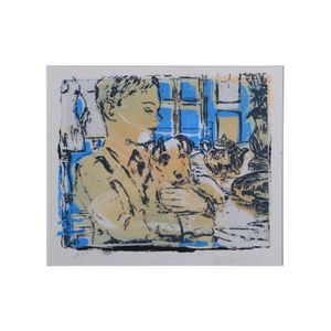 David Bromley, boy with dog, acrylic on paper, signed lower…
