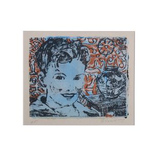 David Bromley, boy with vase, acrylic on paper, signed lower…