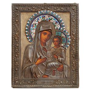 A 19th century silver and cloisonne mounted icon of the Virgin…