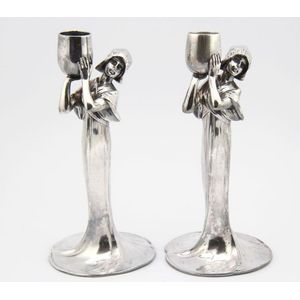 A pair of Art Nouveau Kayser plated candlesticks, cast of a…