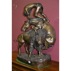 Bison and Brave: Bronze Group Sculpture - Equestrian - Sculpture/Statuary