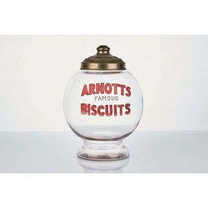 Arnotts glass biscuit dispenser, globular form with circular…
