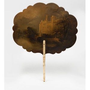 An antique face screen, papier mache hand-painted with castle…