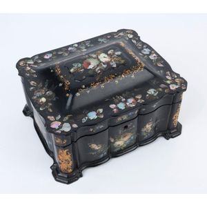 An antique English box, hand-painted papier mache with mother…