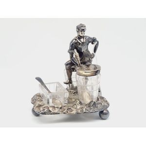 Gigural cruet set, Victorian silverplate set depicting a miner…