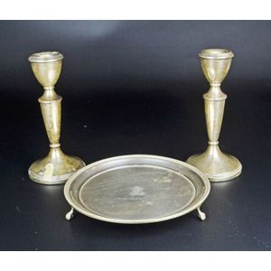 Small silver salver and paired candle sticks salver with beaded…