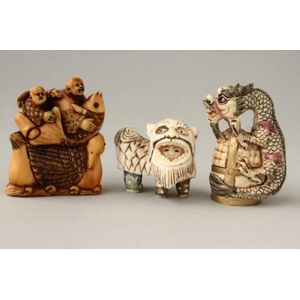 Japanese Netsuke Carvings: Dragon, Children, Fish Wrestling on Duck ...